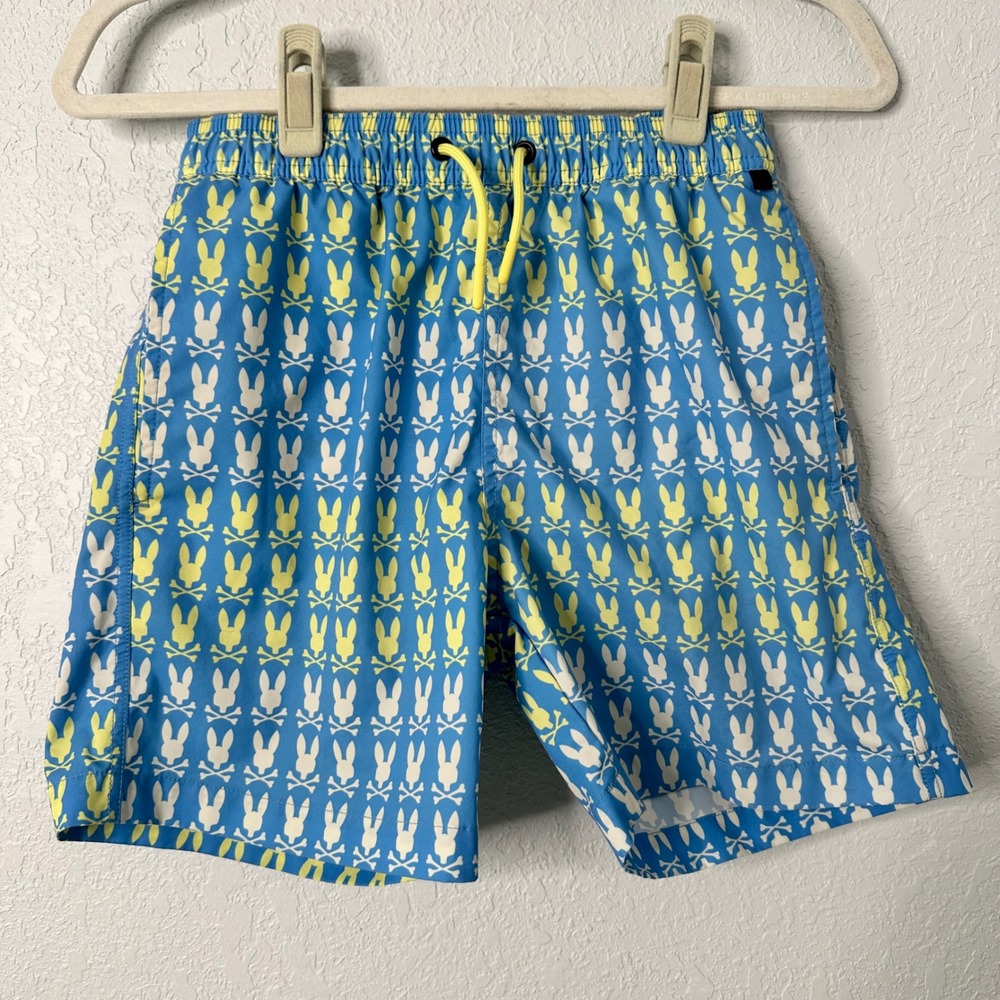 Psycho‎ Bunny Kids Barker Swim Trunks Blue Yellow Bunny Skull Print Size 14-16